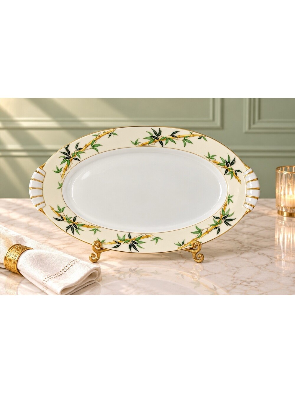 Kent China Japan 1950s Large Oval Serving Platter Bali Hai Bamboo Gold, 17x12"